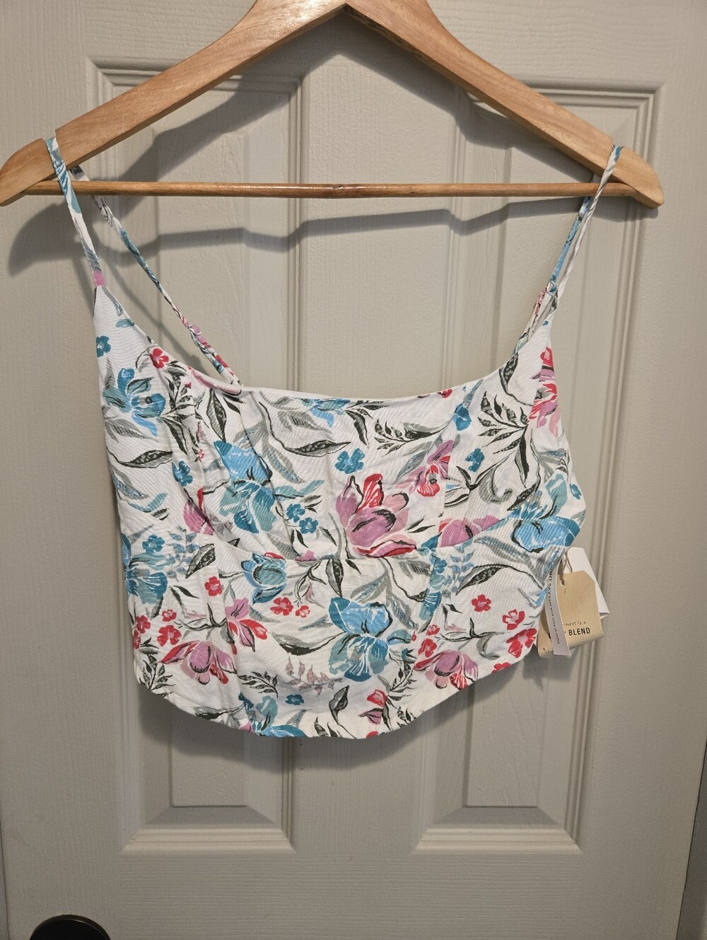 Midnight Sky Linen Floral Print Spaghetti Strap Crop Top - Sz Medium